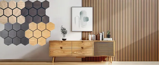 Painéis acústicos de parede e teto de madeira Akupanel hexagonal de atacado baratos, design personalizado, MDF, à prova de som, decorativos, de madeira, para hotéis