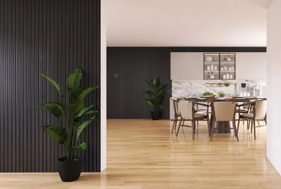 Impressão 3D de madeira, estilo moderno, ripas de madeira, painel de parede decorativo de PVC acústico à prova de som para hotel, estúdio, cinema, material de construção